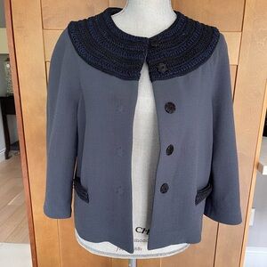 PROENZA SCHOULER Cropped Slate Blue Wool Jacket with Embroidered Collar, Size 6